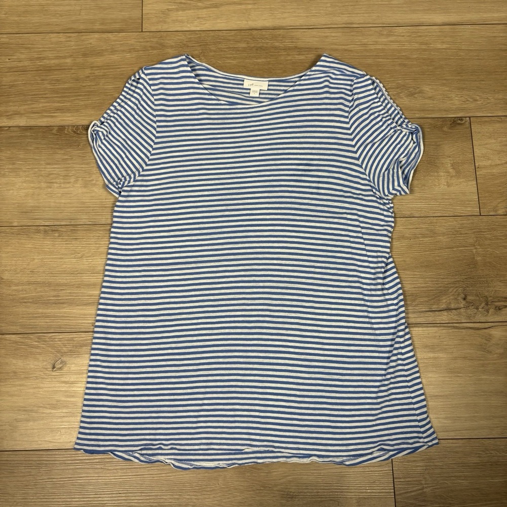J‎ Jill Shirt Womens Large Love Linen Short Sleeve Detail Blue Striped Nautical